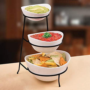 Three Tiered Serving Stand, Chip and Dip Serving Bowls With Metal Rack, White Party Food Server Display Set for Dessert And Snack - Le'raze by G&L Decor Inc