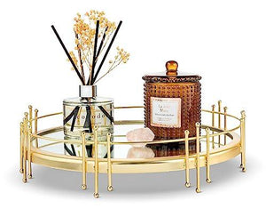 Beautiful Gold Mirrored Tray with Side Rails and Legs, Elegant Round Stainless Steel Vanity Mirror Tray with Side Bars Symmetrical Design, Makes A Great Bling Gift