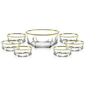 Elegant Luxury Crystal 7 Piece Serving Salad Bowl, Desert, Ice Cream Set with 24k Gold Trim. 1 Large and 6 Small. Made of Fine Imported Glass. - Le'raze by G&L Decor Inc