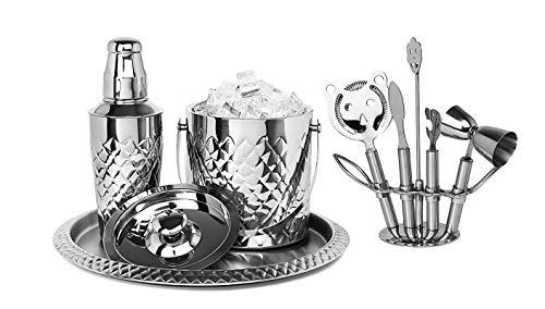 Cocktail Shaker Home Bar Set with Pineapple Design, 9 Piece Stainless Steel Bar Tools Kit, Includes Ice Bucket, Wine Chiller, and Serving Tray Bartender's Professional Shaker, Strainer, and More - Le'raze by G&L Decor Inc