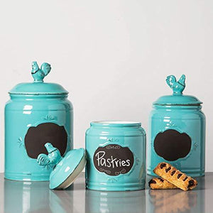 Ceramic Aqua Jar with Rooster Finial Lid & Chalkboard, Single Canister, Classic Vintage Design for Flour, Sugar, Cookies - 62oz. - Le'raze by G&L Decor Inc