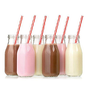 Set of 6 Mini Glass Milk Bottles with Retro Straws and Wooden Tray, Reusable Vintage Dairy Bottle for Parties and Picnics, Clear Beverage Glassware and Drinkware – 11 Ounce - Le'raze by G&L Decor Inc