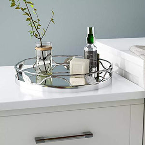 Round Mirror Tray With Nickel Leaf Design - Elegant Serving Tray - Round Mirror Vanity Tray - Le'raze by G&L Decor Inc