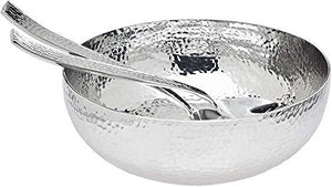 Elegant Hammered Serving Bowl, Stainless Steel Salad Bowl with Matching Servers for Mixing and Serving -11" Inch - Le'raze by G&L Decor Inc