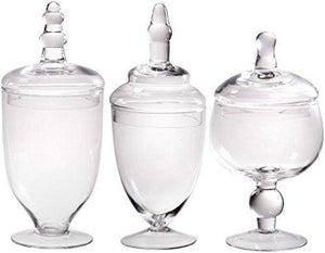 Set of Three (3) Mini Clear Glass Apothecary Jars Candy Buffet Jars, Assorted Footed Glass Canisters With Lids Home Decor Canisters Set - Le'raze by G&L Decor Inc