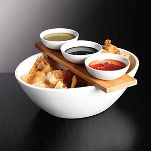 Le'raze Elegant Chips and Dip Serving Bowl, Ceramic Condiment Dip Sauce Ramekins Set, Elegant 5 Piece Serving Set with White Bowls & Bamboo Tray - Le'raze by G&L Decor Inc