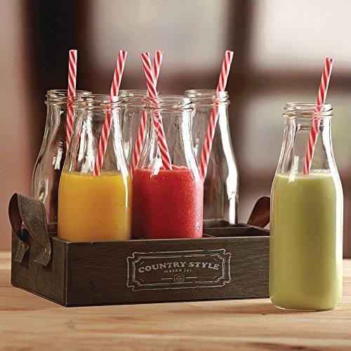 Mini Glass Milk Bottles with Retro Straws and Wooden Tray, Set of 6 Reusable Vintage Dairy Bottle for Parties and Picnics, Clear Beverage Glassware and Drinkware – 11 Ounce - Le'raze by G&L Decor Inc