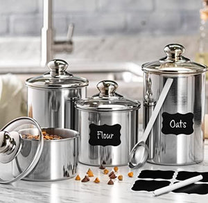 Le'raze FOOD STORAGE CONTAINERS for Kitchen Counter with MARKER, LABELS, & SCOOP. [Set of 4] Stainless Steel Pot-Like Canister Set, Ideal for Flour Tea, Sugar, Coffee, Candy, Cookie Jar - Le'raze by G&L Decor Inc