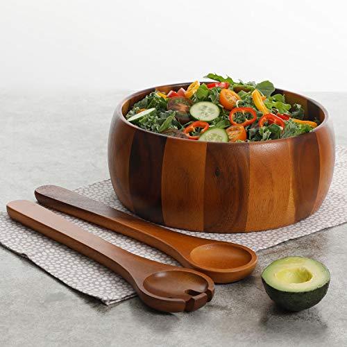 Le'raze Elegant Wooden Salad Bowl with Serving Fork and Spoon for Mixing and Serving, Acacia Wood Serving Bowl for Fruits or Salads – 10-inch Round - Le'raze by G&L Decor Inc