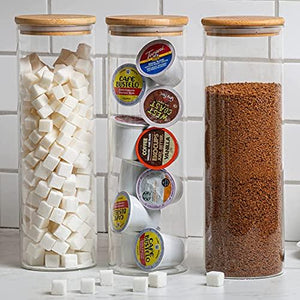 Set of 3 Tall Glass Kitchen Canisters with Airtight bamboo Lids - Kitchen Organization and Food Storage Glass Jar for Candy, Cookie, Rice, Sugar, Flour, Pasta, Nuts. - Spice Jars. - Le'raze by G&L Decor Inc