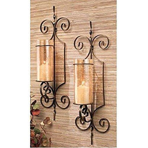 Le'raze Set of Two Decorative Wall Sconce Candle Holder Pair Elegant of Swirling Iron Hanging Wall Candle Holders Votives with Amber Finished Globes. Ideal Gifts & Decor for Home, Office, Spa. - Le'raze Decor