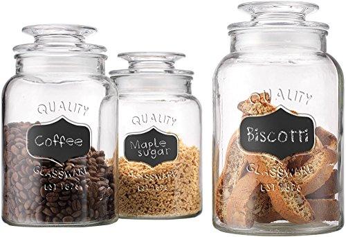 Home Essentials Quality Canister, Clear Glass, Chalkboard Jar with Tight Lids for Bathroom or Kitchen Food Storage Containers, Round, Set of 3, 34/43/54-oz, Multicolor - Le'raze by G&L Decor Inc