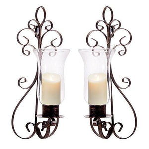 Set of Two Decorative Modern Black Metal Wall Sconce and Crackle Finished Hurricane Candle Holders, Wall Lighting - Perfect for a Living Room Dining Room or Entry Way - Le'raze by G&L Decor Inc
