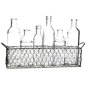 Le'raze 7 Peace Clear Bottle Vases in Chicken Wire Basket, for Flowers,Drinks, Rectangle Decorative Metal Basket with Six Glass Bottles - Le'raze by G&L Decor Inc
