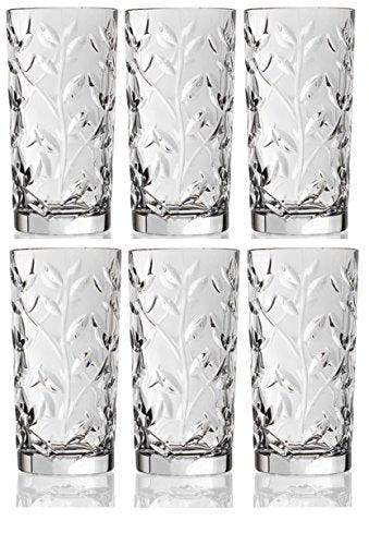 Crystal Highball Glasses [Set of 6] Drinking Glasses for Water, Juice, Beer, Wine, and Cocktails Tall Clear Heavy Base Bar Glass With Leaf/Twig Design, | 12 Ounces - Le'raze by G&L Decor Inc