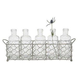 Le'raze 7 Peace Clear Bottle Vases in Chicken Wire Basket, for Flowers,Drinks, Rectangle Decorative Metal Basket with Six Glass Bottles - Le'raze by G&L Decor Inc