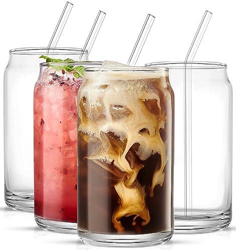 Drinking Glasses Set of 4 - Can Shaped Glass Sake Cups with Straws, 16oz Iced Coffee Glasses, Iced Tea Glasses, Tumbler Cup, Cocktail Glasses, Whiskey Soda Clear Water Cup, Beer Glasses. - Le'raze by G&L Decor Inc