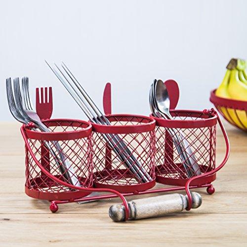 Kitchen Utensil Cutlery Organizer, Red Wire 3-Section Utensil Caddy with Wood Handle - Le'raze by G&L Decor Inc