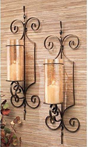 Le'raze Set of Two Decorative Wall Sconce Candle Holder Pair Elegant of Swirling Iron Hanging Wall Candle Holders Votives with Amber Finished Globes. Ideal Gifts & Decor for Home, Office, Spa. - Le'raze by G&L Decor Inc