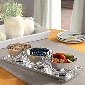 Relish Tray with Serving Bowls 4-piece Set, Hammered Condiment Server for Appetizers, Candy, Nuts and Dips, Elegant Stainless Steel Serveware Set - Le'raze by G&L Decor Inc