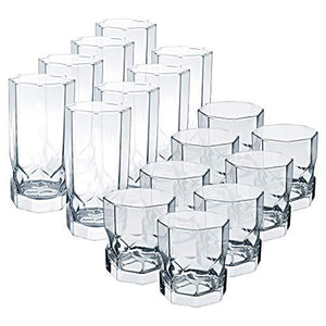 Drinking Glasses Set of 16 Clear Heavy Base Glass Cups | Glassware Set Includes 8 Highball Glasses 8 Tumbler Glasses Ideal for Water, Juice, Beer, Wine, and Cocktails - Le'raze by G&L Decor Inc