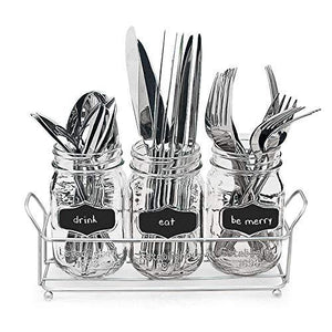 Mason Jar Flatware Caddy, Utensil Holder with Black Chalk Label on Metal Tray, Cutlery Organizer, Home and Party Drinkware Set - Le'raze by G&L Decor Inc