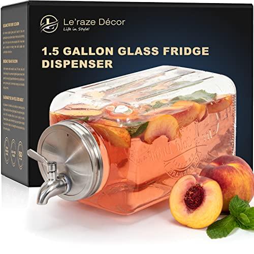 Glass Beverage Dispenser for Parties - 100% Leakproof Stainless Steel Spigot - Drink Dispenser for fridge, Liquid Laundry Detergent Dispenser, Compote & Water Dispenser Countertop, 1.5-Gallon Jug - Le'raze by G&L Decor Inc