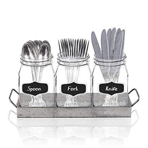 Mason Jar Flatware Caddy, Utensil Holder with Black Chalk Label on Galvanized Tray, Cutlery Organizer, Home and Party Drinkware Set - Le'raze by G&L Decor Inc