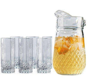 Set Of 7 Pitcher and Glasses Set, 1-64 Ounce Glass Pitcher and 6-10 Ounce Highball Drinking Glasses, Clear Solid Heavy Base Ice Tea Juice Beer Beverage Party Cups - Le'raze by G&L Decor Inc