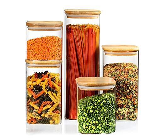 3 Pcs Glass Food Storage Containers Airtight Clear Food Jars with Bamboo  Wooden Lids, Square Stackable Kitchen Canisters For Spaghetti Pasta, Spice,  Sugar, Candy, Tea, and Coffee Beans