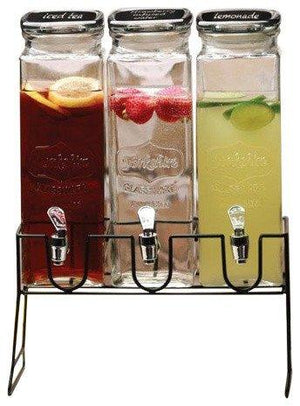 Set of 3 Tall Square Mason Glass Beverage Drink Dispenser with Glass Lid, Chilled Beverage Server with White Rack with Metallic Red, Silver and Copper Yorkshire Panels, Elegant Party Centerpiece - Le'raze by G&L Decor Inc