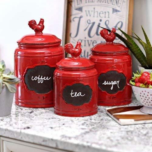 Ceramic Red Kitchen Canister - Chalkboard Jar with Rooster, Large Canister 115 oz, Classic Vintage Design for Flour, Sugar, Cookies - Le'raze by G&L Decor Inc