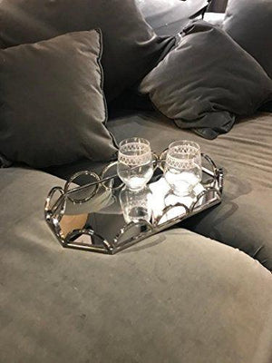 Elegant Mirrored Rectangular Silver Tray with Chrome Loop Rails Ideal for Whiskey Decanter, Candle Sticks, Vanity Set and Serving. - Le'raze by G&L Decor Inc