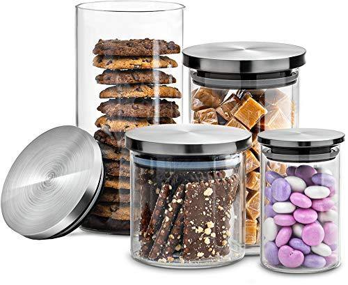 Canister Set for Kitchen Counter Set of 4, Glass Jars with Airtight Stainless Steel Lid, Clear Food Storage Container Ideal for Flour, Sugar, Coffee, Candy, Snack and More - Le'raze by G&L Decor Inc