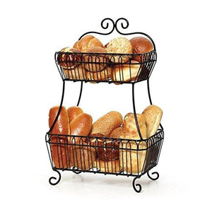 Decorative 2 Tier Fruit Basket, Bread Basket Black Metal Rack, Decorative Kitchen Countertop Two-Tier Wrought-Iron Fruit Basket Display - Le'raze by G&L Decor Inc