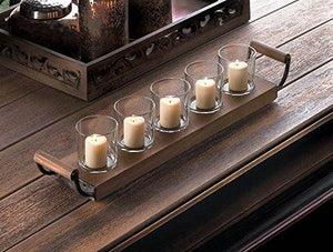 Le'raze Decorative Votive Candle Holder Centerpiece, 5 Glass Votive Cups On Wood Base/Tray for Wedding Decoration Dining Table with Handles - Le'raze by G&L Decor Inc