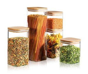 Set of 5 Square Canisters, Glass Kitchen Canister with Airtight Bamboo Lid, Glass Storage Jars for Kitchen, Bathroom and Pantry Organization Ideal for Flour, Sugar, Coffee, Candy, Snack and More - Le'raze by G&L Decor Inc
