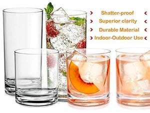 Elegant Acrylic Drinking Glasses [Set of 16] Attractive Clear Plastic Tumblers - Unbreakable Drinkware Set Ideal for Indoor and Outdoor - Kid Friendly - Le'raze by G&L Decor Inc