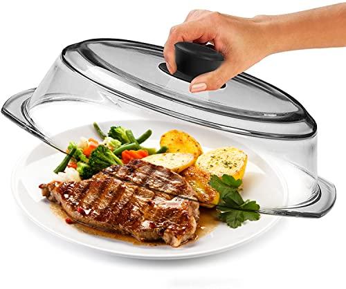 Tall Glass Microwave Splatter Cover for Food - Cookware & Bakeware Plate Splatter Guard Lid with Easy Grip Silicone Handle Knob - 100% Food Grade - BPA Free and Dishwasher Safe - 10inch - Black - Le'raze by G&L Decor Inc