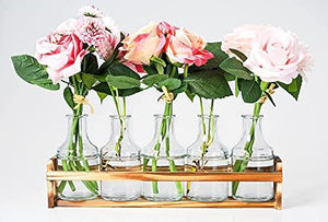 Glass Flower Vase with Wooden Holder, & 5 Bud Vases for Flowers, Set for Home Décor, Wedding Decorations, Table Décor, Kitchen, Bathroom, Bedroom, Shelf Décor - Modern Vase for Flower Arrangement.