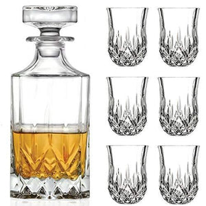 Elegant Crystal Whiskey and Wine Decanter Bar Set. Irish Cut 7 Piece Set Liquor Decanter 450ml. 6 Tulip-shaped 2oz Shot Glasses - Le'raze by G&L Decor Inc