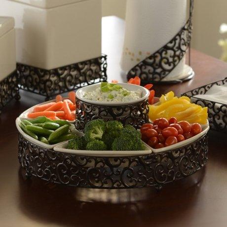 Elegant 7-Piece Section Serving Platter, Ceramic and Pressed Metal, Ideal for Appetizers, Salad, Party Bowl, Relish Dish, Chip and Dip Set. - Le'raze by G&L Decor Inc