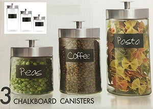 Set of 3 Round Clear Apothecary Glass Canister Jars with Chalkboard with Tight metal Lids for Kitchen or Bathroom ~ Food,cookie,cracker, Storage Containers - Le'raze by G&L Decor Inc