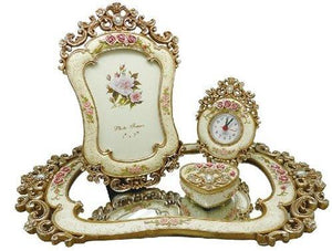 Elegant and Charming 4 Piece Perfume Vanity Set with Pearls Set Includes a Mirrored Tray, Photo Frame, Clock, and Jewelry Box - Le'raze by G&L Decor Inc