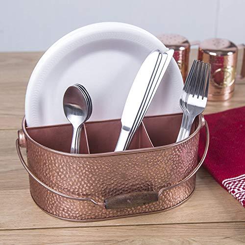 Le'raze Elegant 4-Compartment Kitchen Utensil Holder, Hammered Copper Galvanized Caddy with Wooden Handle for Cutlery Crock, Countertop Organizer - Le'raze by G&L Decor Inc