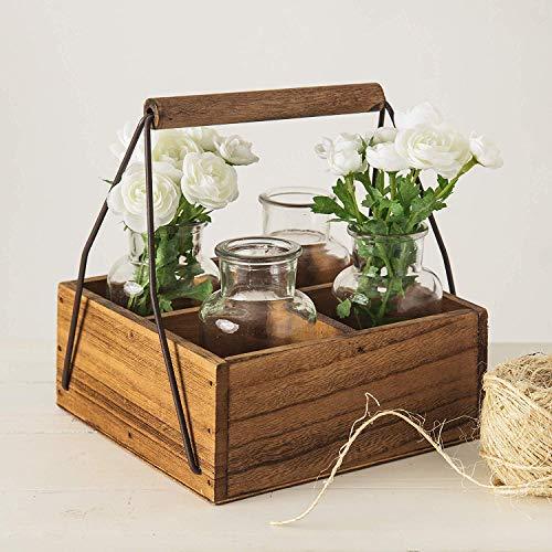 Glass Drink Jars In Wooden Basket, Elegant 4 Piece Clear Glass Flower Vase in Wood Basket with Handle - Le'raze by G&L Decor Inc