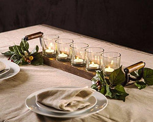 Le'raze Decorative Votive Candle Holder Centerpiece, 5 Glass Votive Cups On Wood Base/Tray for Wedding Decoration Dining Table with Handles - Le'raze by G&L Decor Inc