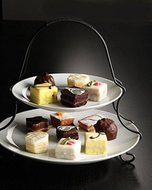 2 Tier Round Serving Platter- Tiered Cake Tray Stand- Food Server Display Plate, White Ceramic Plates With Metal Rack For Finger Food, Appetizers, Treats, Elegant Cake Display Ideal For Every Party - Le'raze Decor