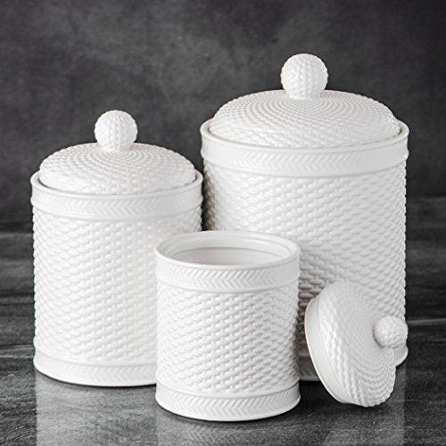 Durable Set of Three Square White Ceramic Canisters with Lids ~ for Kitchen or Bathroom, Food, Cookie, Cracker, Storage Containers, EMBOSSED BASKET WEAVE CANISTERS - Le'raze by G&L Decor Inc