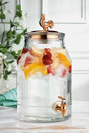 Durable Glass Beverage Dispenser With Copper Rooster Lid, And Copper Spigot, 2 Gallon Capacity - Le'raze by G&L Decor Inc